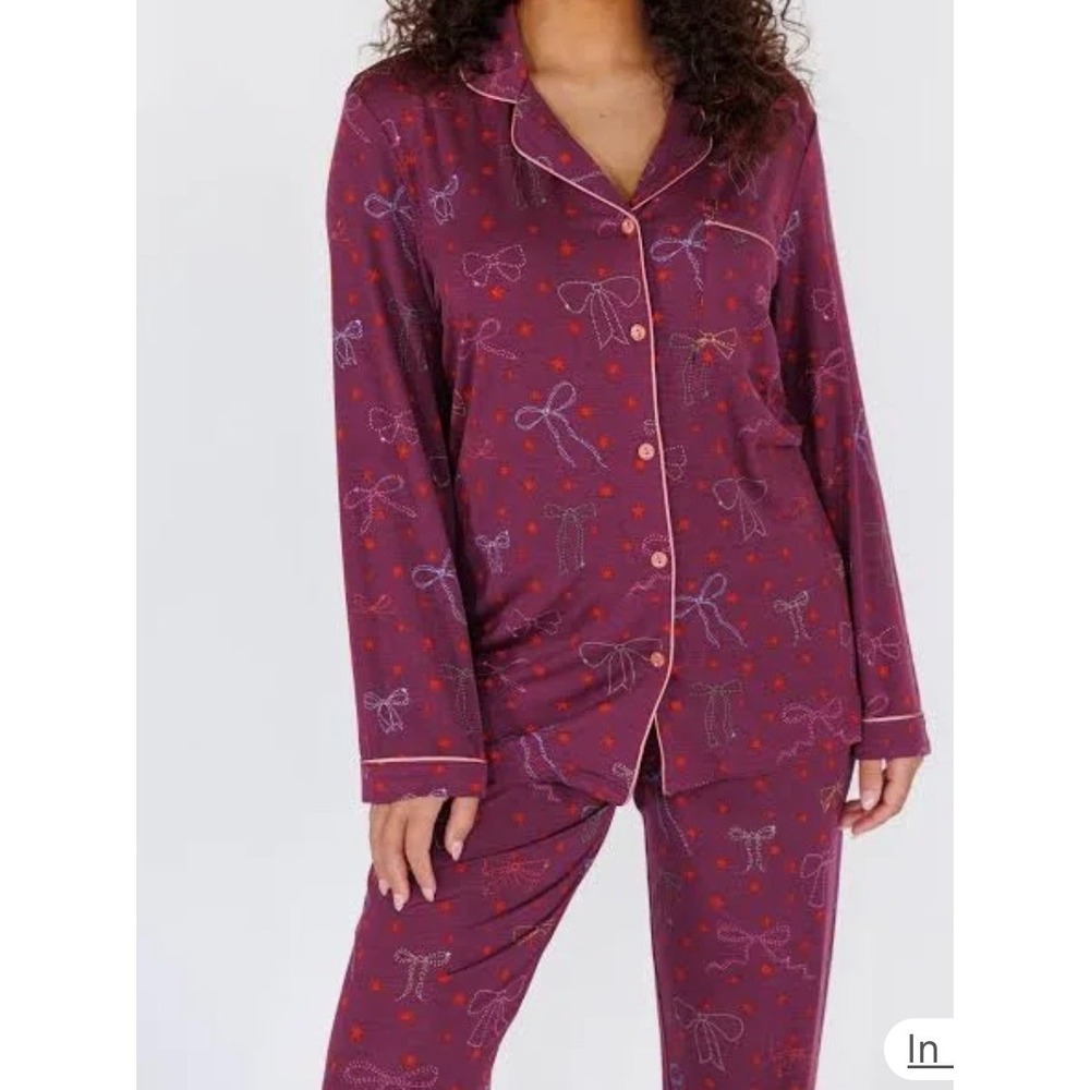 In My Sundays Purple Twinkling Bow Print Pajama Set Womens Medium 2 Piece PJ Set